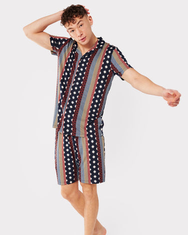 Men's Jersey Multicoloured Geo Stripe Print Revere Collar Button Up Short Pyjama Set
